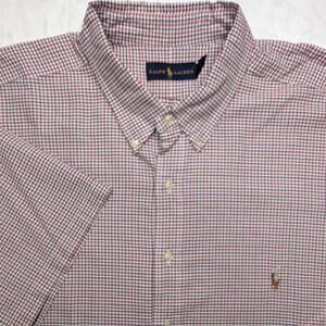 Ralph Lauren Mens Short Sleeve Button Down Shirt 3XB Red Blue Pattern Color Pony